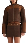 Lioness Nueve Colorblock Faux Leather Biker Jacket In Chocolate