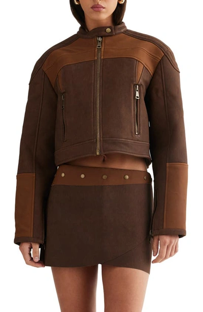 Lioness Nueve Colorblock Faux Leather Biker Jacket In Chocolate