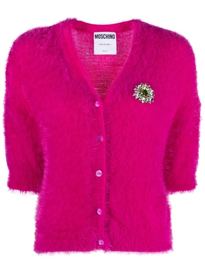 Moschino Brooch-detail Brushed Cardigan In Pink &amp; Purple