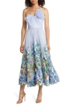 Marchesa Notte Painted Layered Roses Floral Embroidered Strapless A-line Dress In Blue Yellow