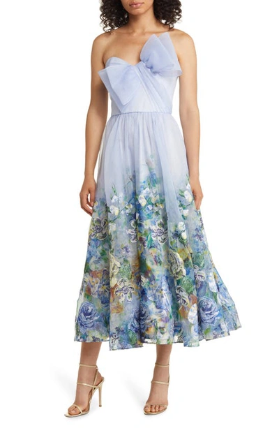 Marchesa Notte Painted Layered Roses Floral Embroidered Strapless A-line Dress In Blue