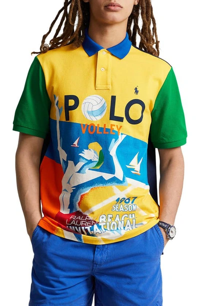 Polo Ralph Lauren Classic Fit Colorblock Cotton Mesh Graphic Polo In Canary Yellow Multi