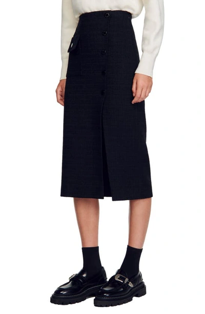 Sandro Tzara Button-up Tweed Skirt In Black