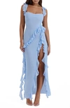 House Of Cb Ariela Ruffle Side Slit Gown In Dutch Canal