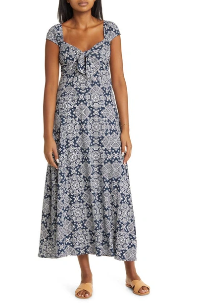 Loveappella Tie Front Cap Sleeve A-line Midi Dress In Navy/ Ivory
