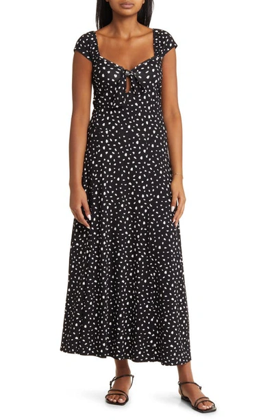 Loveappella Tie Front Cap Sleeve Midi A-line Dress In Black/ Ivory