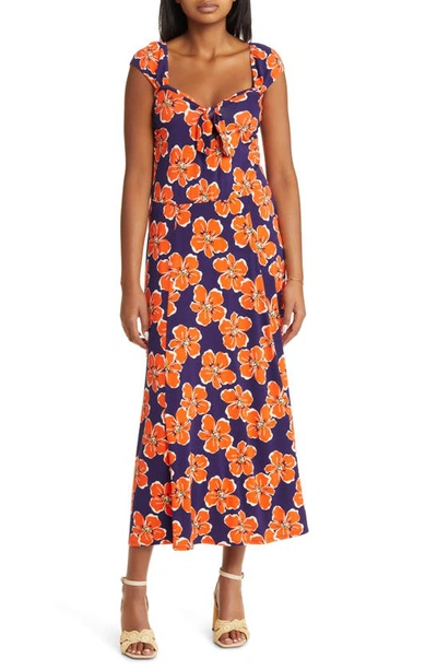Loveappella Tropical Floral Print Midi Dress In Navy/ Coral