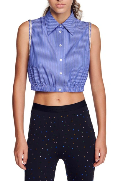 Sandro Paprika Pinstripe Crop Button-up Blouse In Blue White