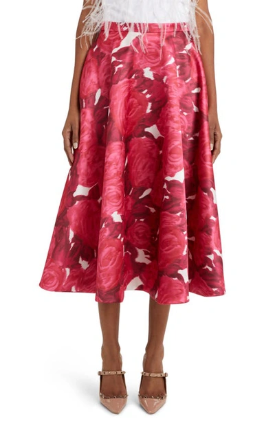 Valentino Rose-print Flared Midi Skirt In Mq Milk Rosso