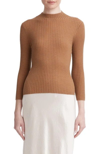 Vince Cashmere Blend Ribbed Mock Neck Sweater In Camel