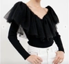 Endless Rose Pleated Ruffle Mesh Mixed Media Top In Black