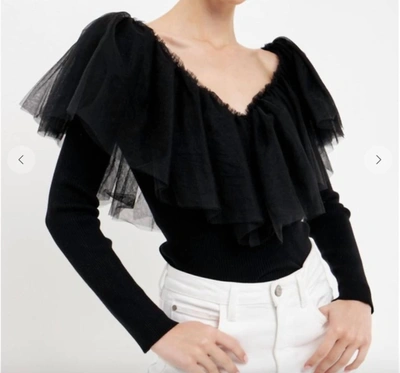 Endless Rose Pleated Ruffle Mesh Mixed Media Top In Black