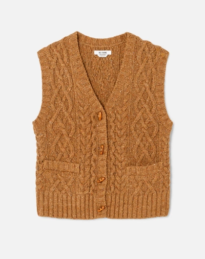 Re/done 50s Cable Knit Wool Blend Cardigan Waistcoat In Caramel