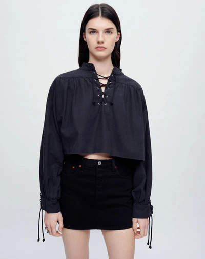 Re/done Pirate Long-sleeve Lace-up Crop Top In Washed Black