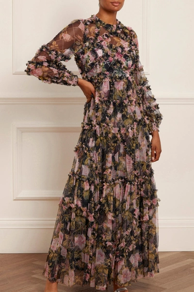 Needle & Thread English Rose Diamond Ruffle Gown In Multi