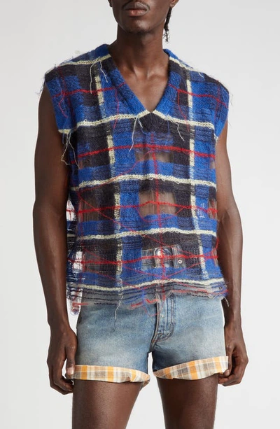 Maison Margiela Plaid Distressed V-neck Gilet In Multi-colored