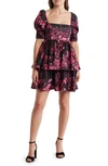 Alice And Olivia Emmalou Puff-sleeve Tiered Mini Dress In Edens Garden Wild Pink