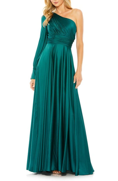 Mac Duggal One-shoulder Long Sleeve Satin Gown In Emerald