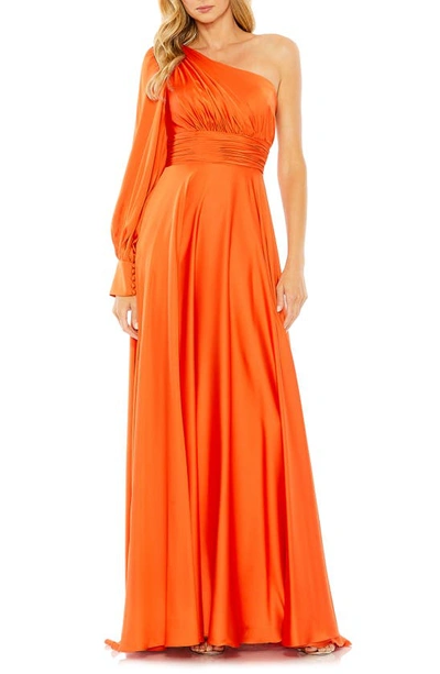 Mac Duggal One-shoulder Long Sleeve Satin Gown In Spice