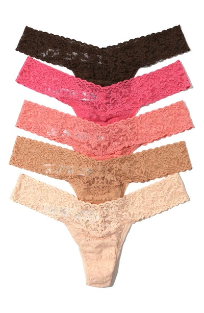 Hanky Panky Assorted 5-pack Lace Low Rise Thongs In Dutch Chocolate/guava