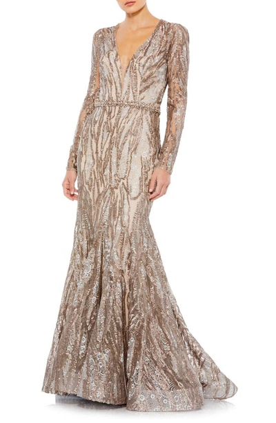 MAC DUGGAL PLUNGE NECK SEQUIN LONG SLEEVE MERMAID GOWN