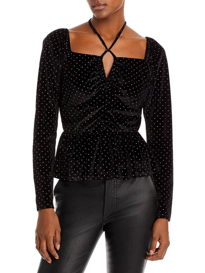 Aqua Womens Velvet Dot Print Peplum Top In Black