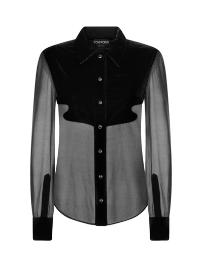 Tom Ford Stretch Georgette Shirt With Velvet Inserts In Black