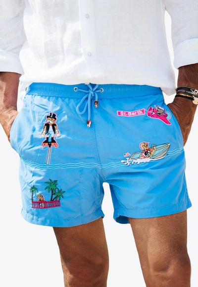 Les Canebiers All-over Saint-barth Embroidered Swim Shorts In Blue