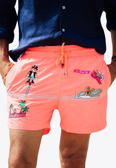 Les Canebiers All-over Saint-barth Embroidered Swim Shorts In Orange