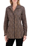 Foxcroft Pandora Gingham Cotton Blend Button-up Top In Almond/ Black