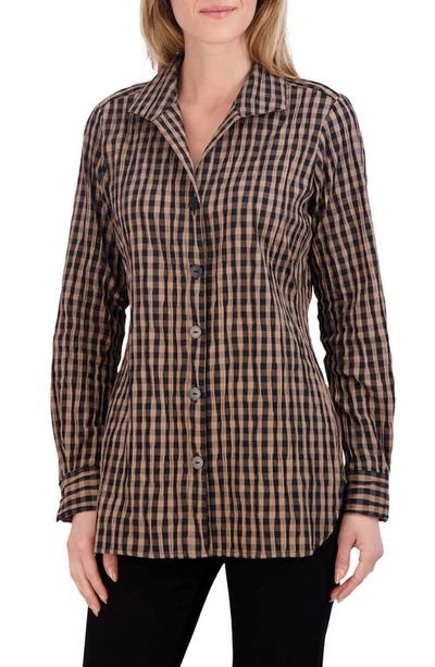 Foxcroft Pandora Gingham Cotton Blend Button-up Top In Almond/ Black