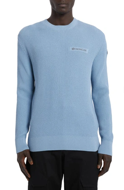 Moncler Reflective Logo Patch Waffle Knit Jumper In Blue