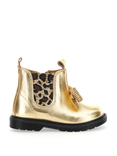 Monnalisa Laminated Nappa Ankle Boots With Bow In Brushed Gold