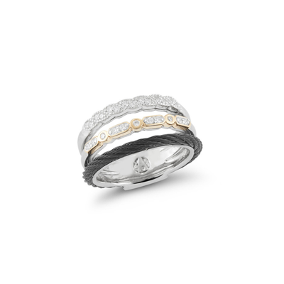 Alor Layered Black Cable Ring With 18kt White & Yellow & Diamonds In White, Yellow, Black