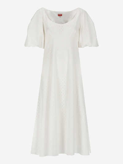 Kenzo Puff-sleeve Embroidered Midi Dress In White