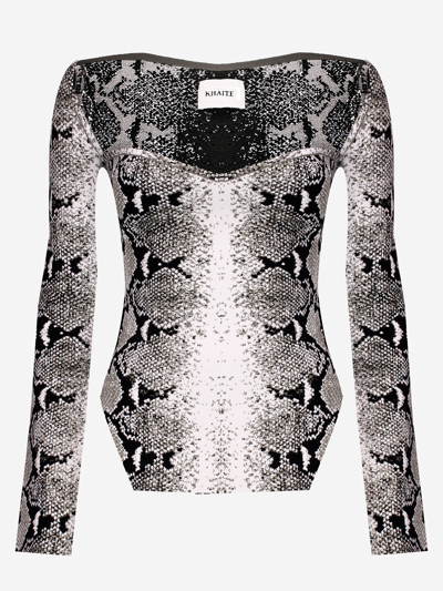 Khaite Maddy Snake-effect Jacquard-knit Bodysuit In Grey