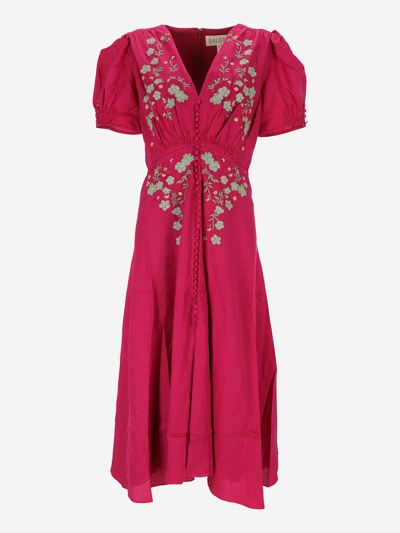 Saloni Lea Floral-print Silk Midi Dress In Red