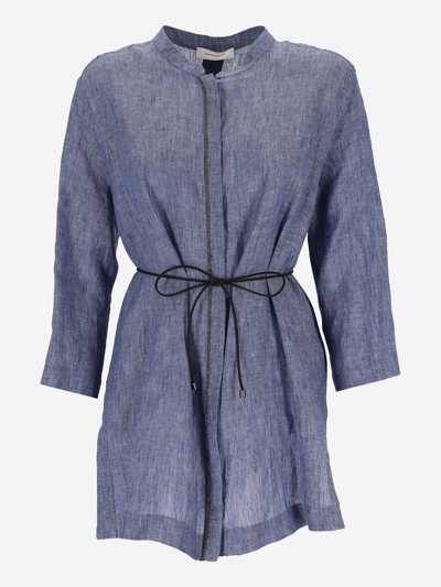 Fabiana Filippi Long Linen Shirt With Leather Belt And Embellished With Brilliant Jewels Along The Buttoning In Blue