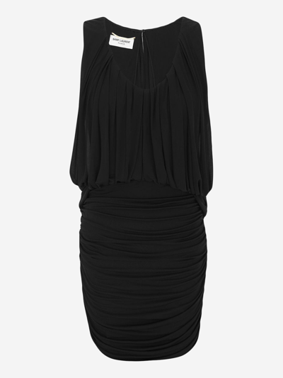 Saint Laurent Gathered Jersey Mini Dress In Black