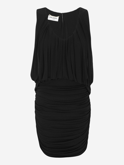 Saint Laurent Gathered Jersey Mini Dress In Noir
