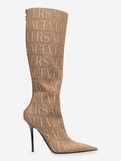 Versace 110mm  Allover Monogram Canvas Boots In Beige