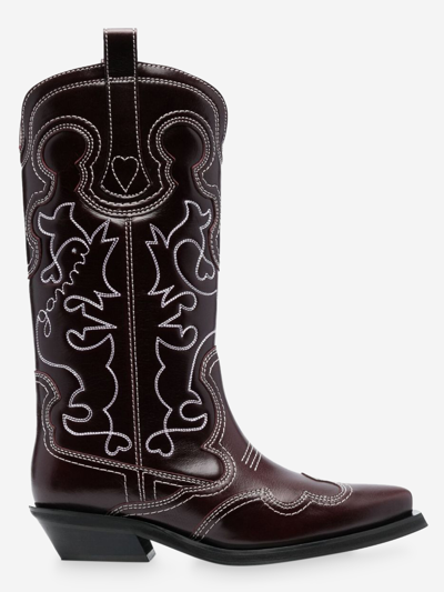Ganni Leather Boots In Burgundy