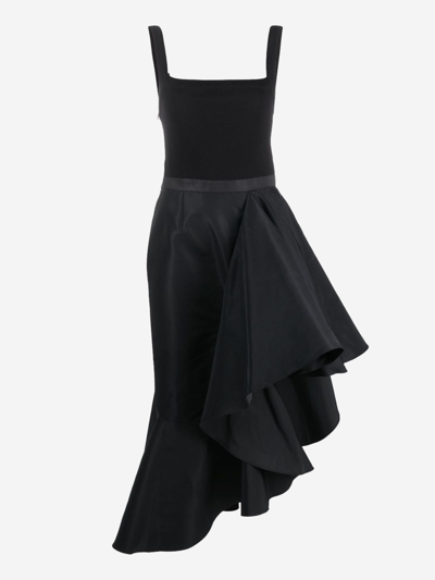 Alexander Mcqueen Spaghetti Strap Asymmetric Midi Dress In Black