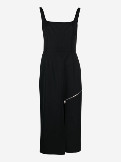 Alexander Mcqueen Wool Midi Dress With Cutaway Zipper Slit In Black