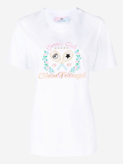 Chiara Ferragni Tennis Club Embroidered Cotton T-shirt In White