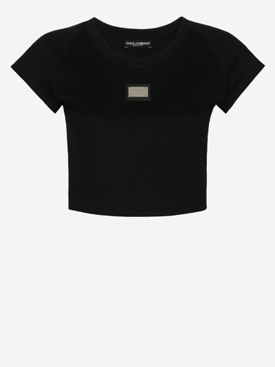 Dolce & Gabbana Logo-plaque Cropped T-shirt In Black