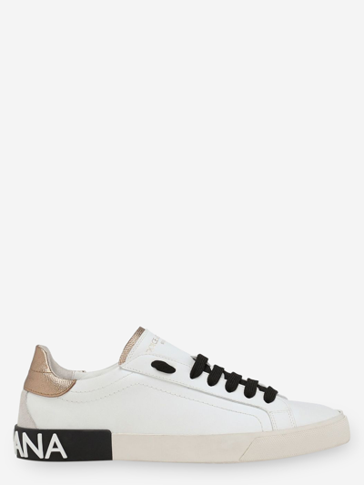 Dolce & Gabbana White Portofino Leather Sneakers In White,gold
