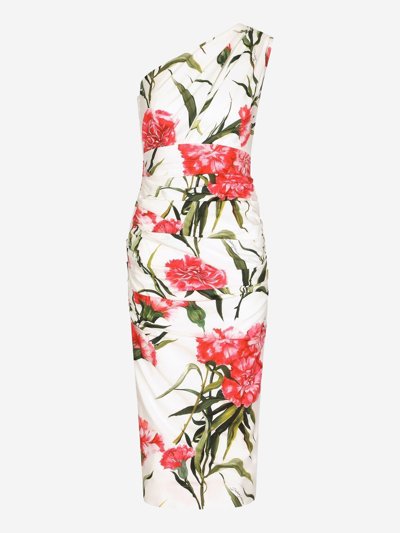 Dolce & Gabbana Floral-print Ruched One-shoulder Midi Dress In White