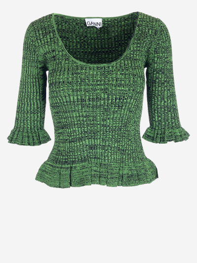 Ganni Ruffle-trimmed Ribbed-knit Sweater In Green