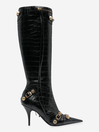 Balenciaga 90mm Cagole Leather Tall Boots In Black,silver